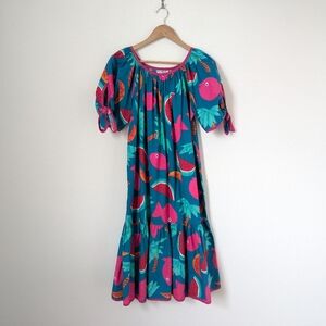Vintage Blue Pink Fish Watermelon Palm Tree Novelty Print Cotton Midi Dress